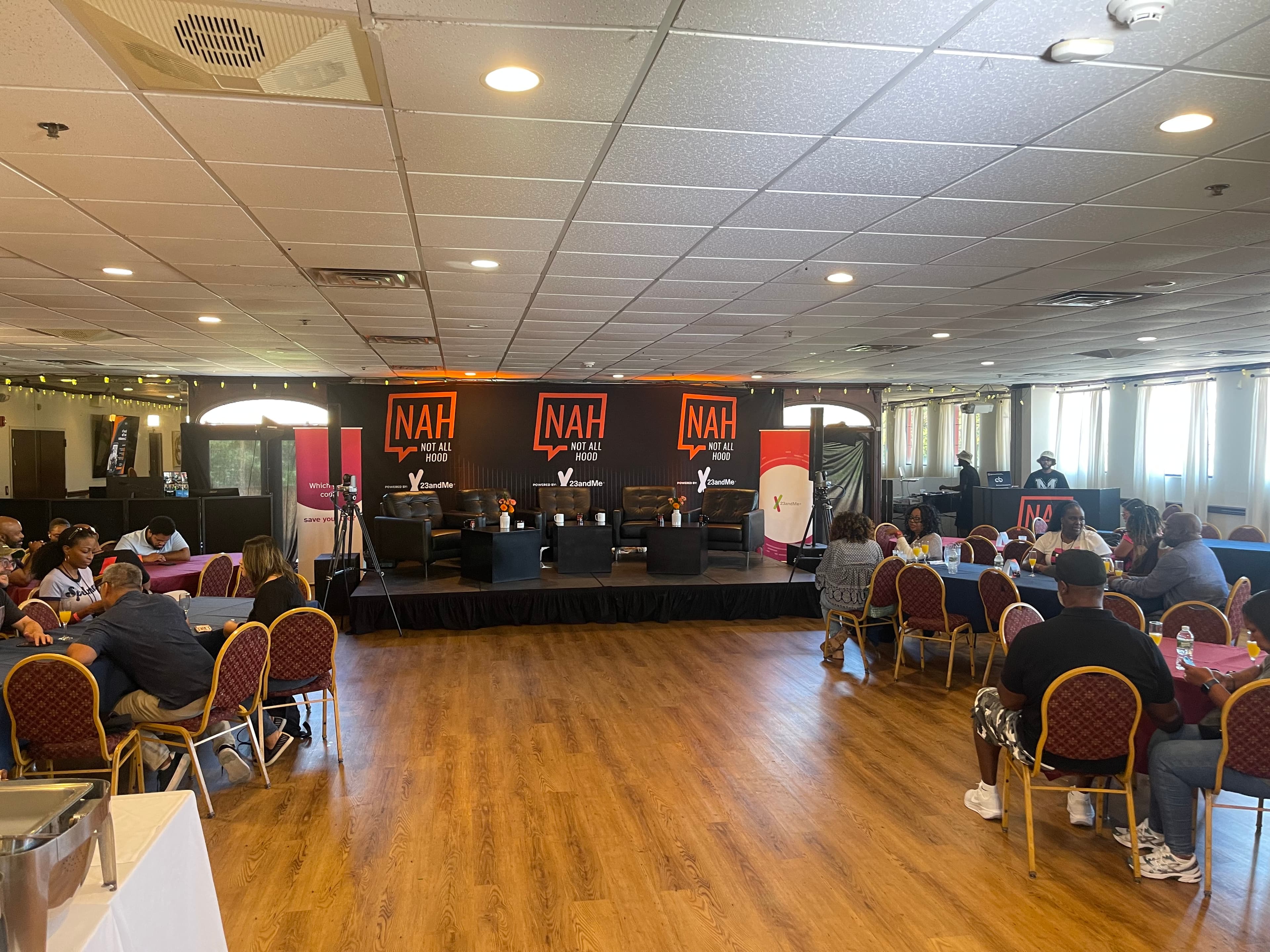 Live podcast recording setup for Malcolm-Jamal Warner's Not All Hood podcast