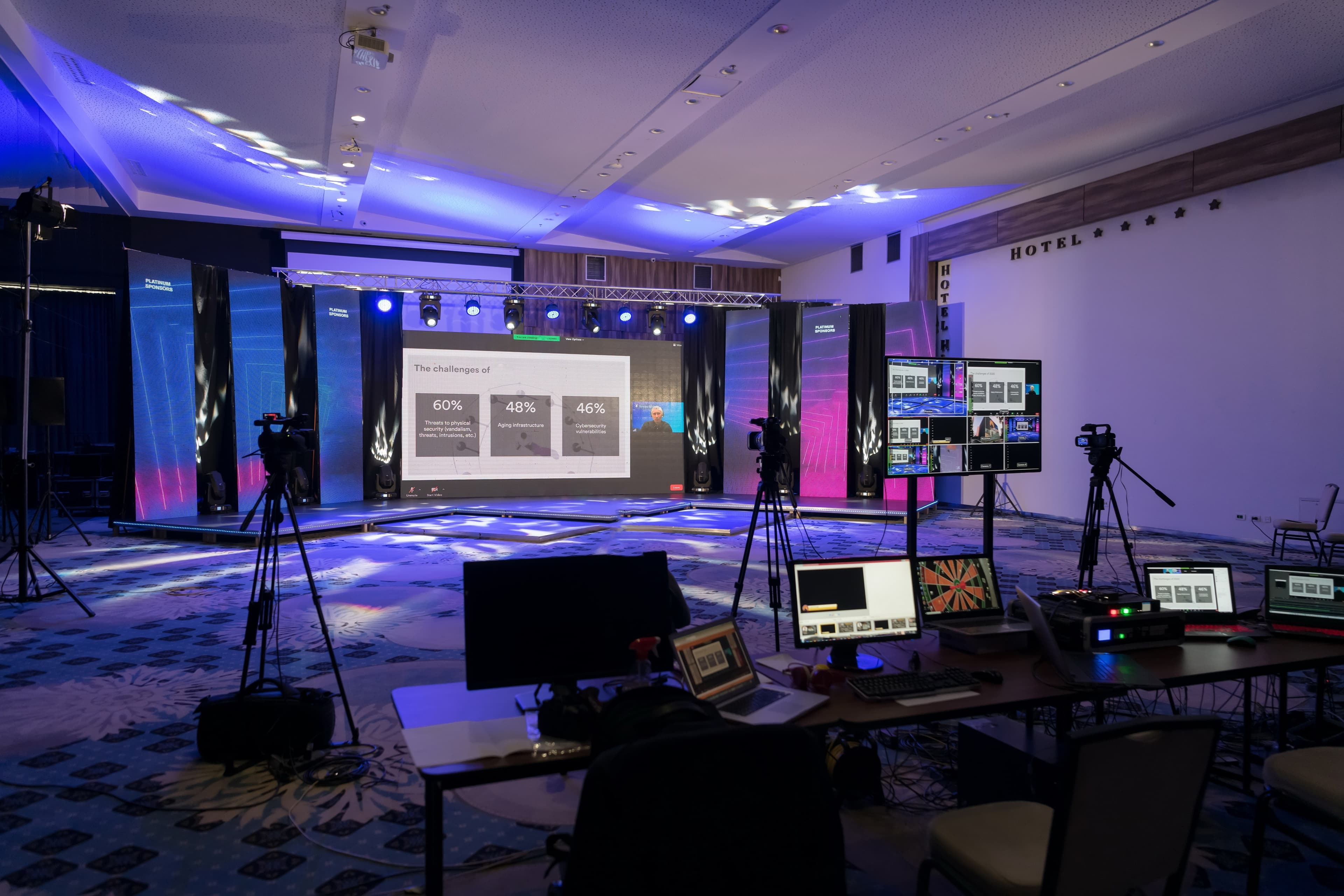 Professional audiovisual control center with multiple cameras and monitors